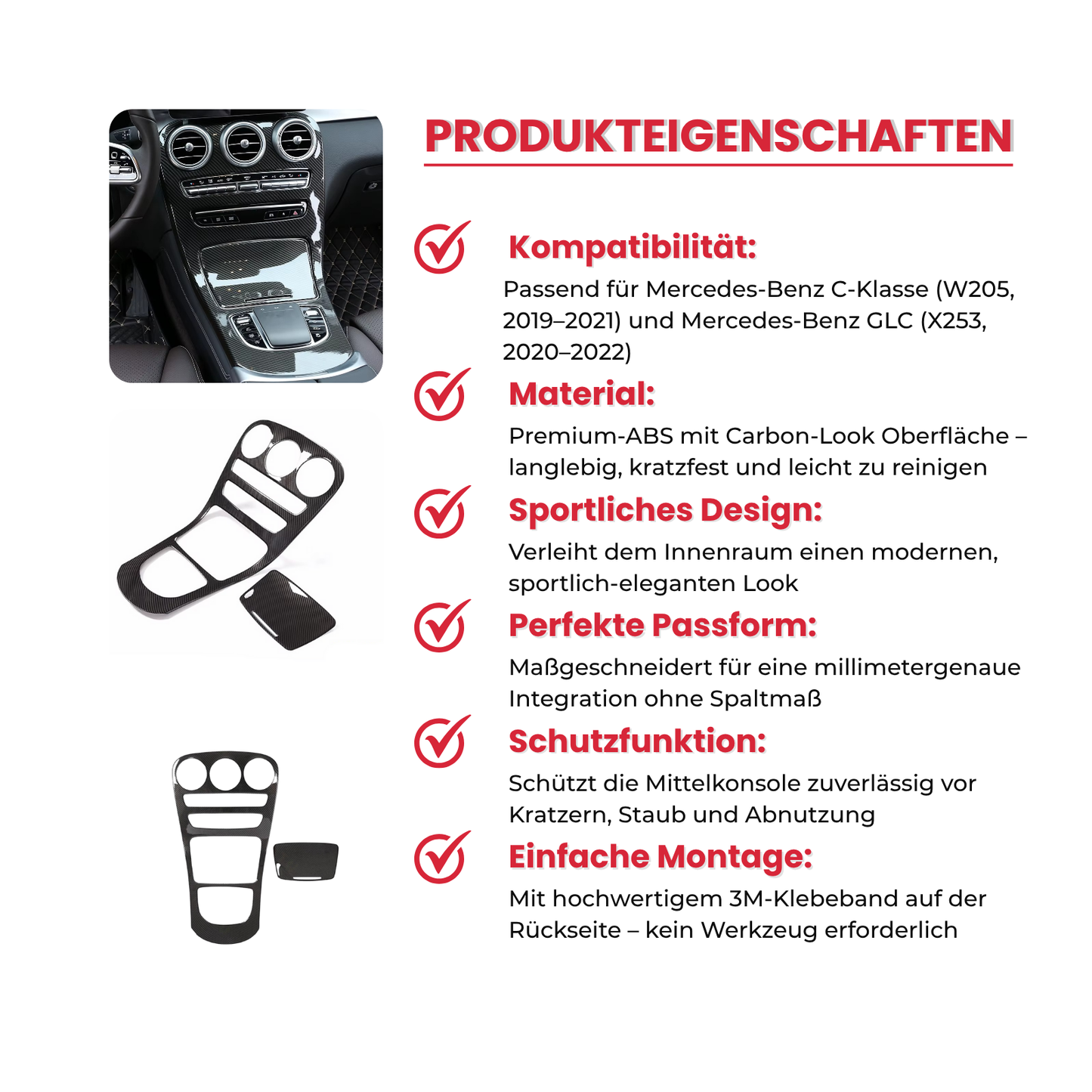 Carbon Look Mittelkonsole Abdeckung passend für Mercedes C W205 GLC X253 2019-20